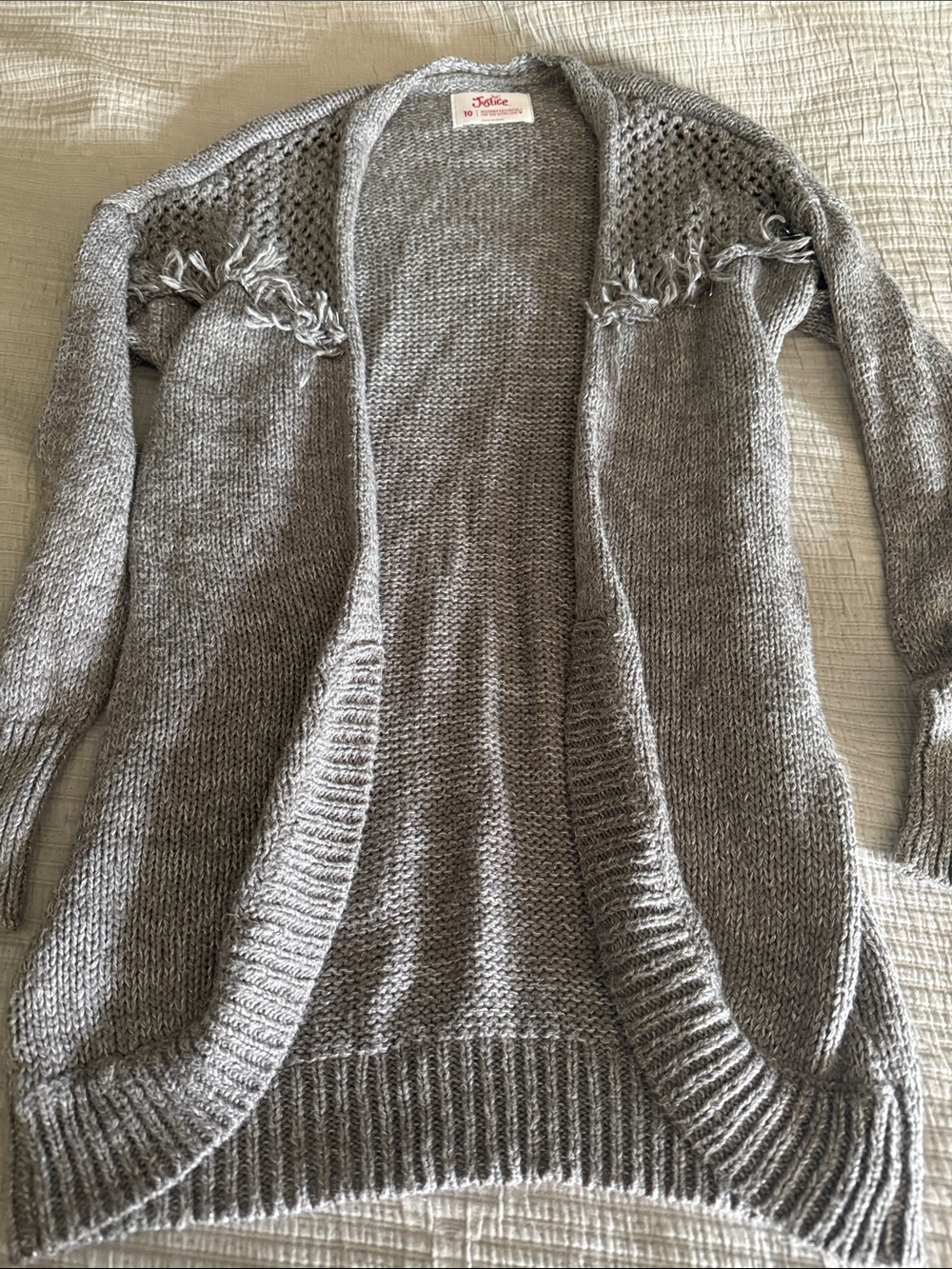 Justice gray Open-Front Fringe Knit Cardigan